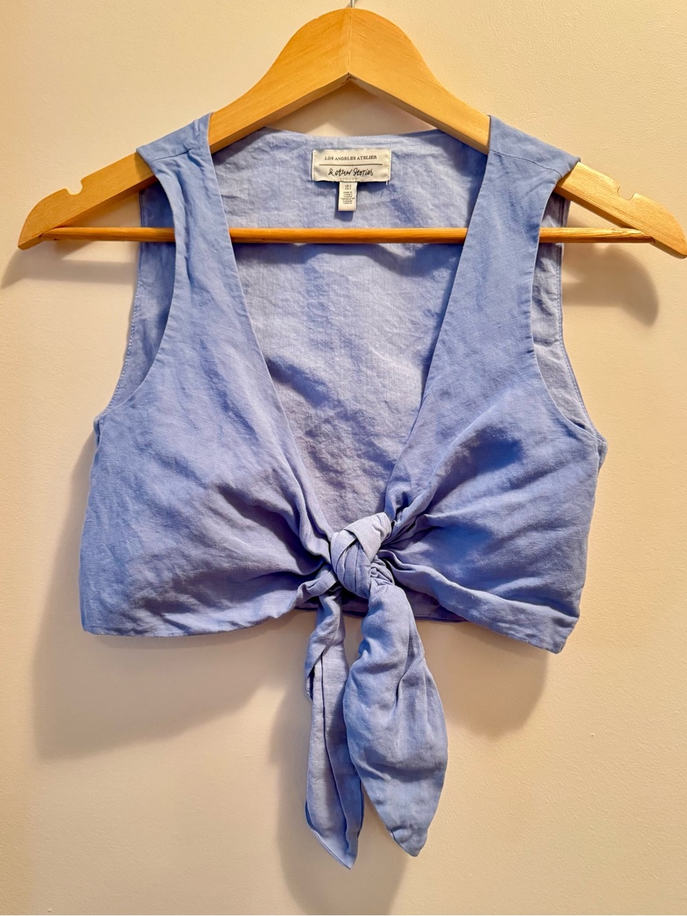 & Other Stories Los Angeles Atelier Light Blue Linen Wrap Tie Front Crop Top